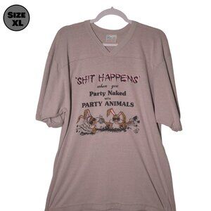 VINTAGE Sh*t Happens When You Party Naked USED V-Neck Shirt (XL, Tan, Humor)